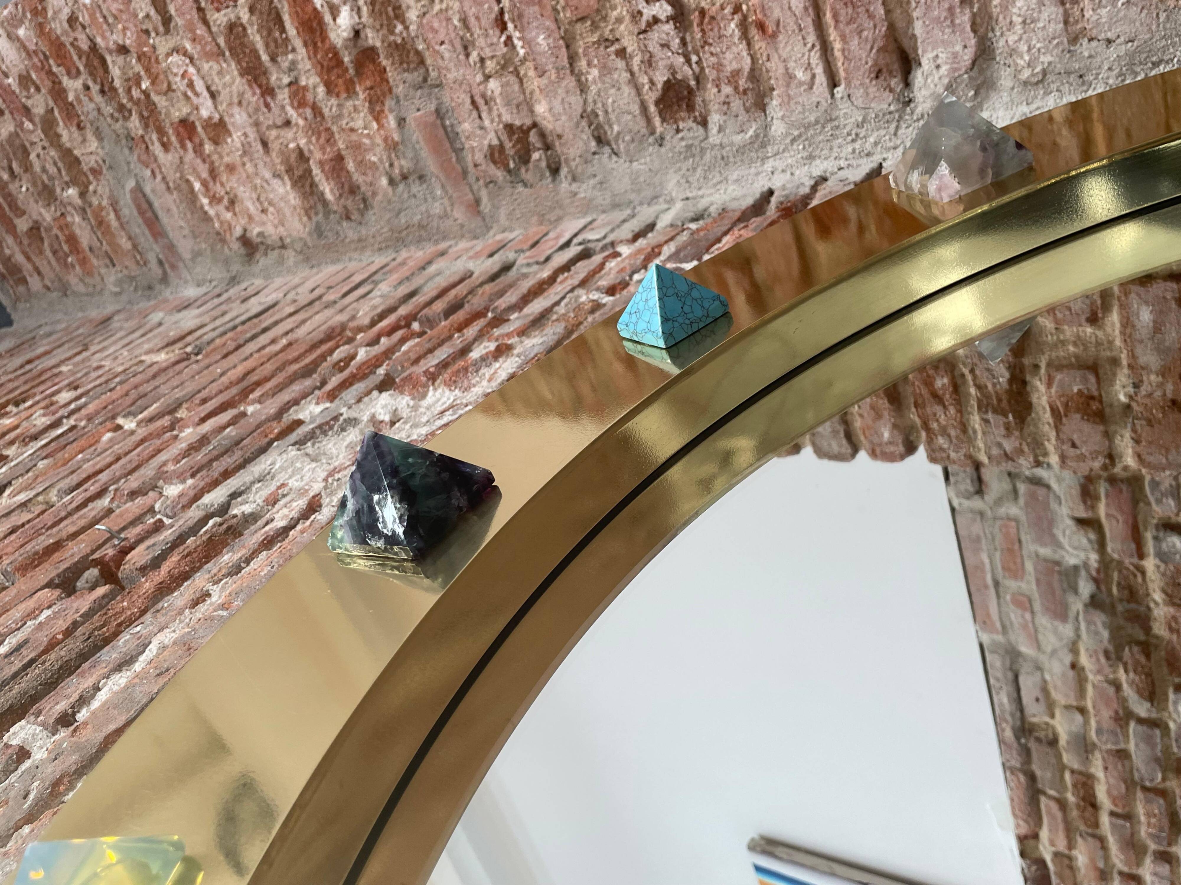 Modern Circular Mirror with Brass Frame and Semi-Precious Stone