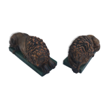 Pair old greenhouse books lions terracotta painted vintage decoration