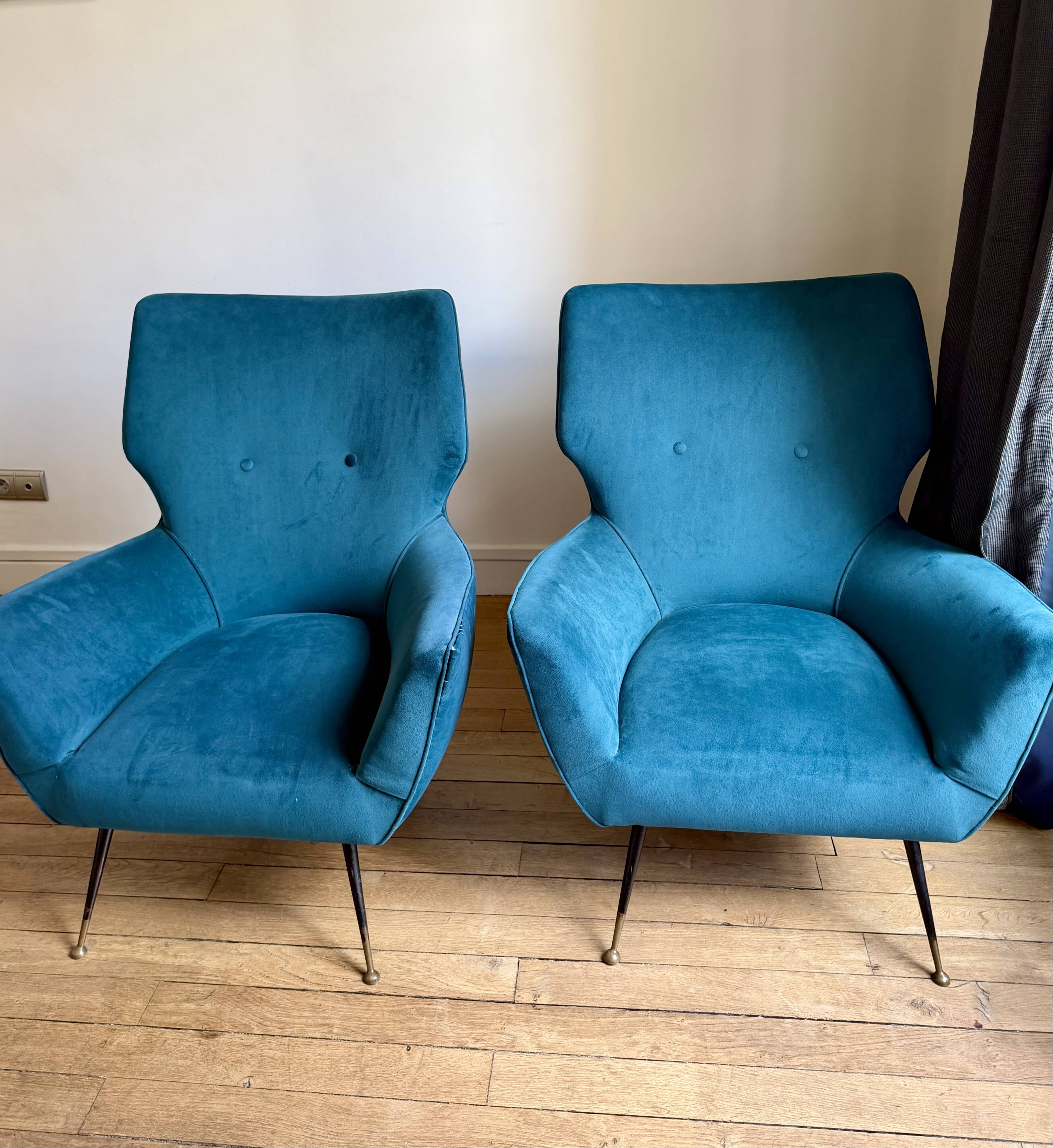 Pair of vintage Italian armchairs, 1950s-1960s, peacock blue velvet.