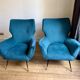 Pair of vintage Italian armchairs, 1950s-1960s, peacock blue velvet.