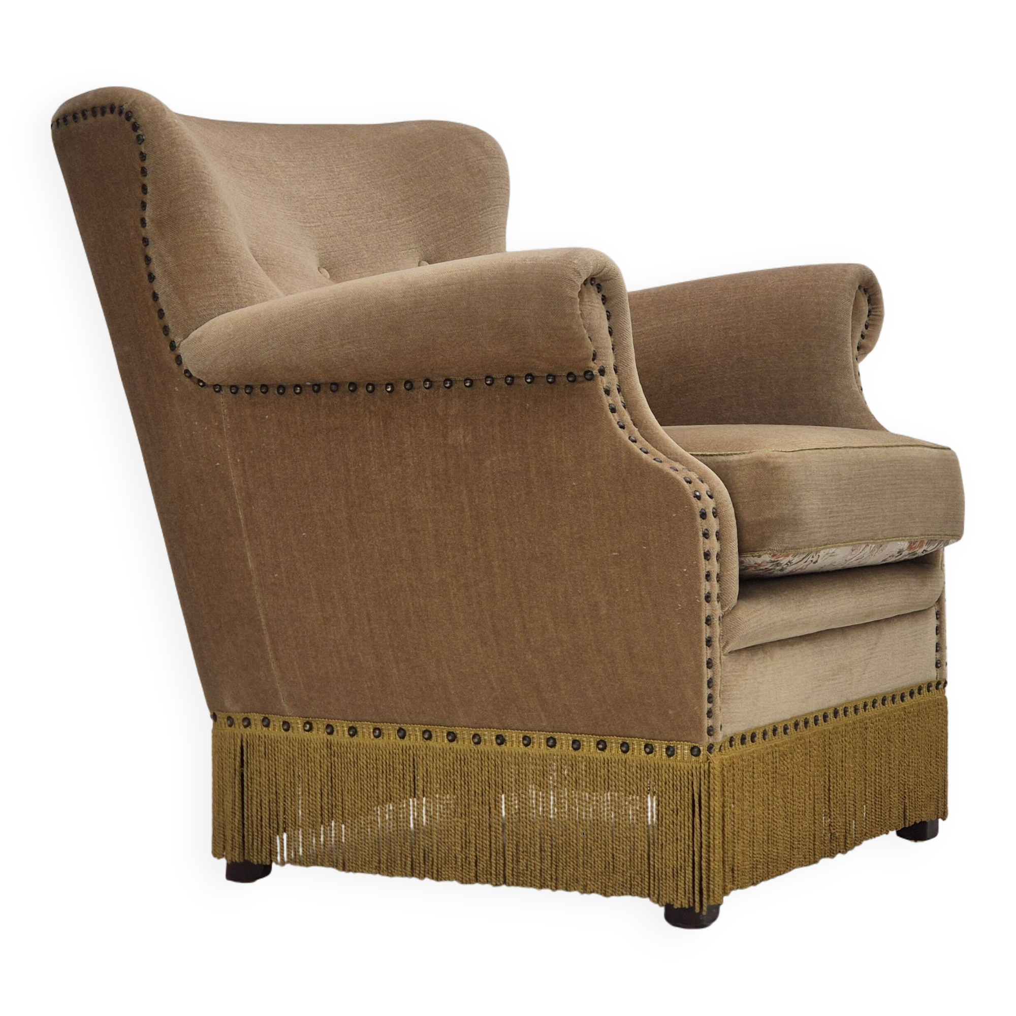 1960s, Danish lounge chair, green furniture velour, original condition.