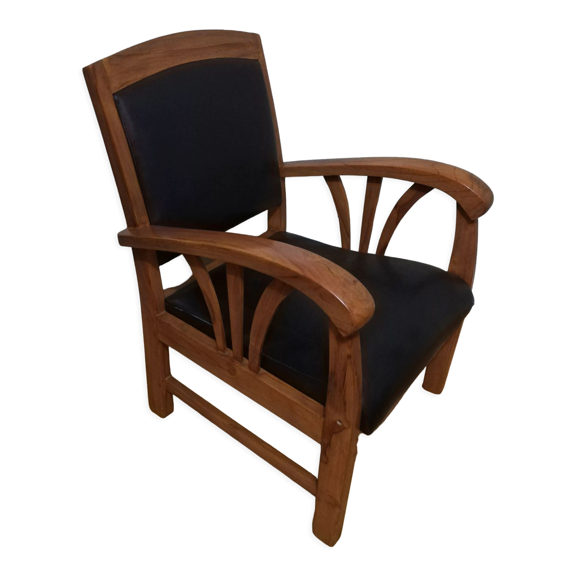 Colonial armchair in teak and black leather