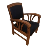 Fauteuil colonial en teck et cuir noir