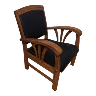 Fauteuil colonial en teck et cuir noir