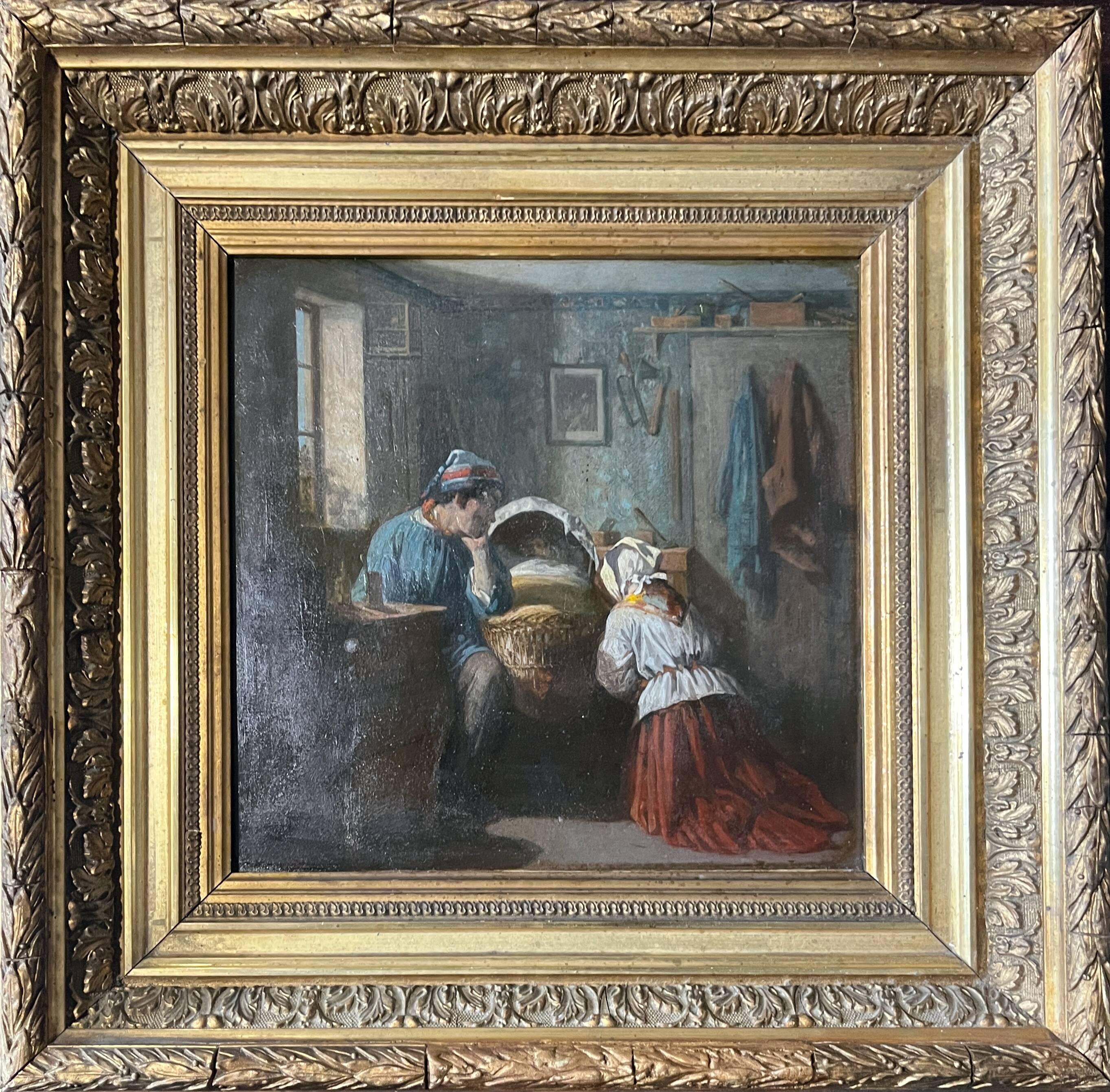 Tableau, huile sur panneau "L'emerveillement" Charles Édouard ELMERICH (1813-1889)