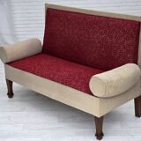 Canapé-lit danois des années 1950, laine d'ameublement rouge/beige, pieds en bois de frêne.