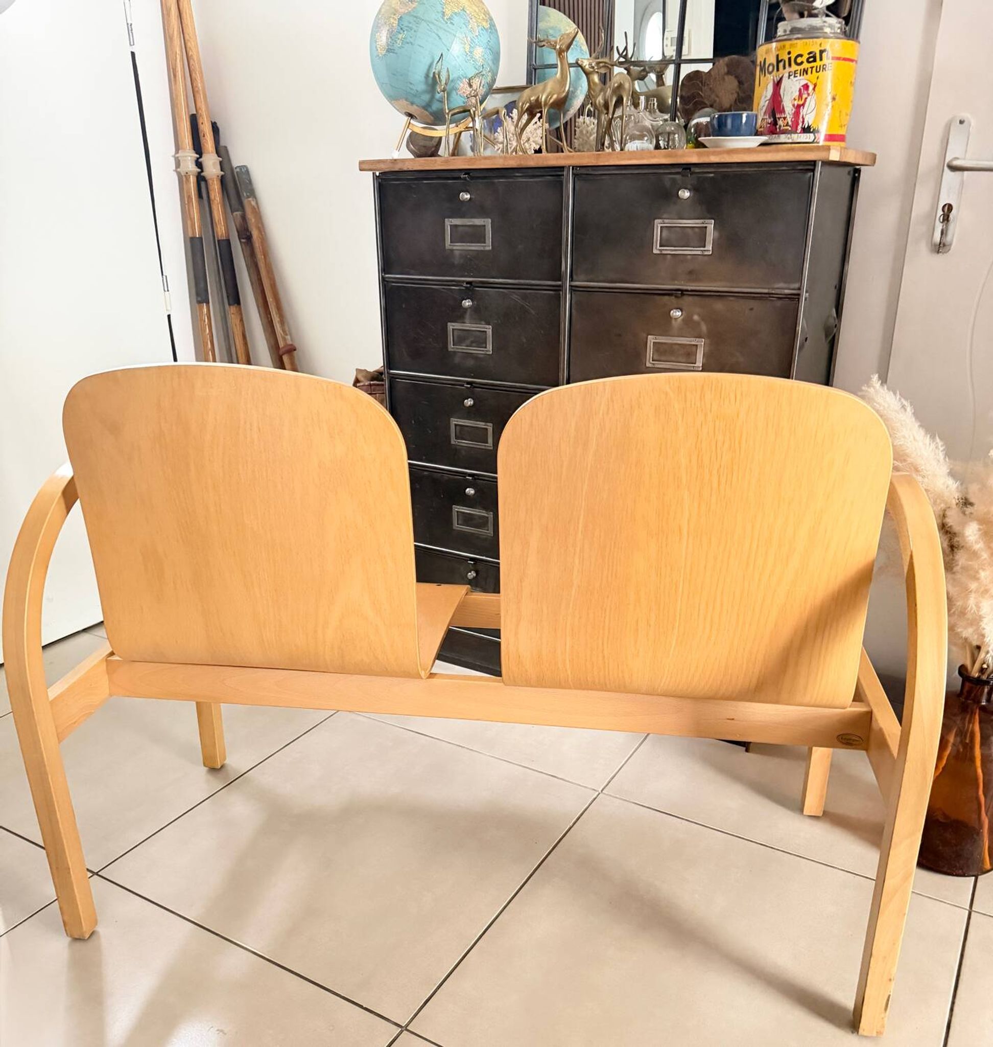 Vintage blonde wood two-seater bench by Baumann