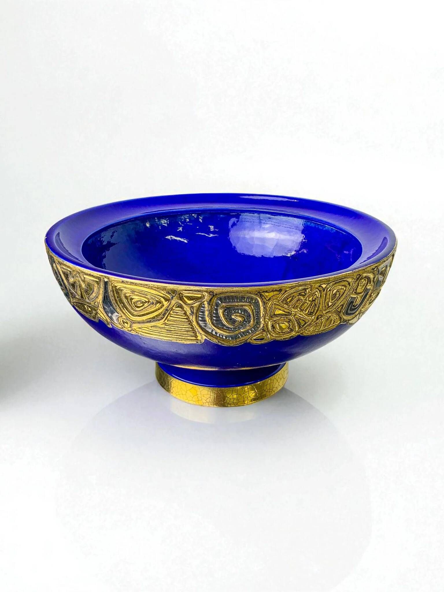 Art Deco French ceramic centerpiece bowl, hand-painted cobalt blue & gold, 20th century