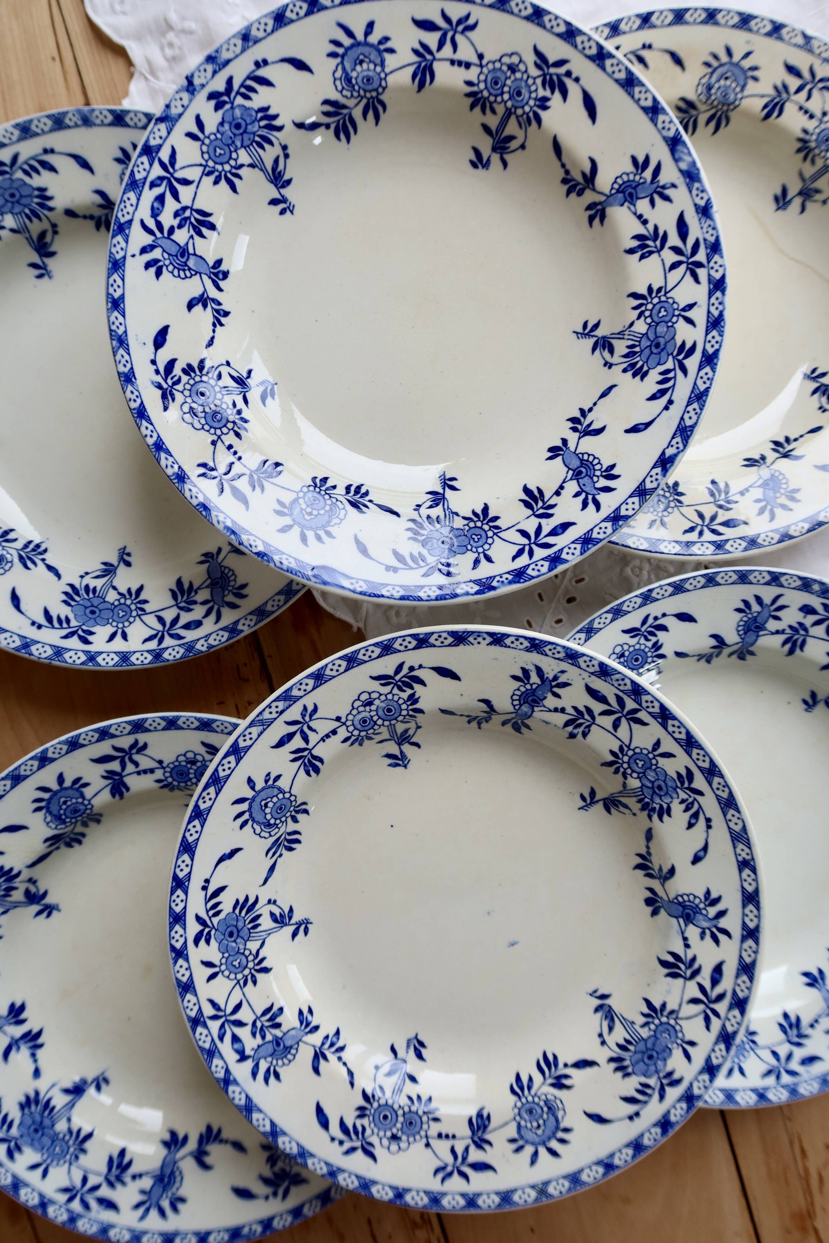 6 antique deep plates, blue and white Dresden porcelain