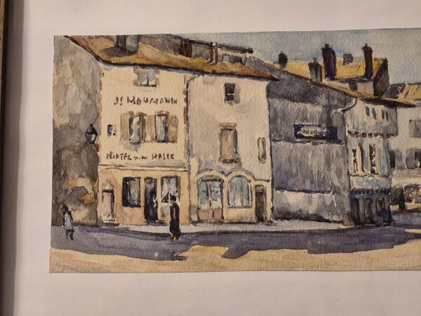 Aquarelle ancienne signée marius alamartine «hôtel de la halle» à charlieu