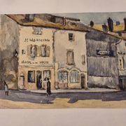 Old watercolour signed marius alamartine "hôtel de la halle" in charlieu