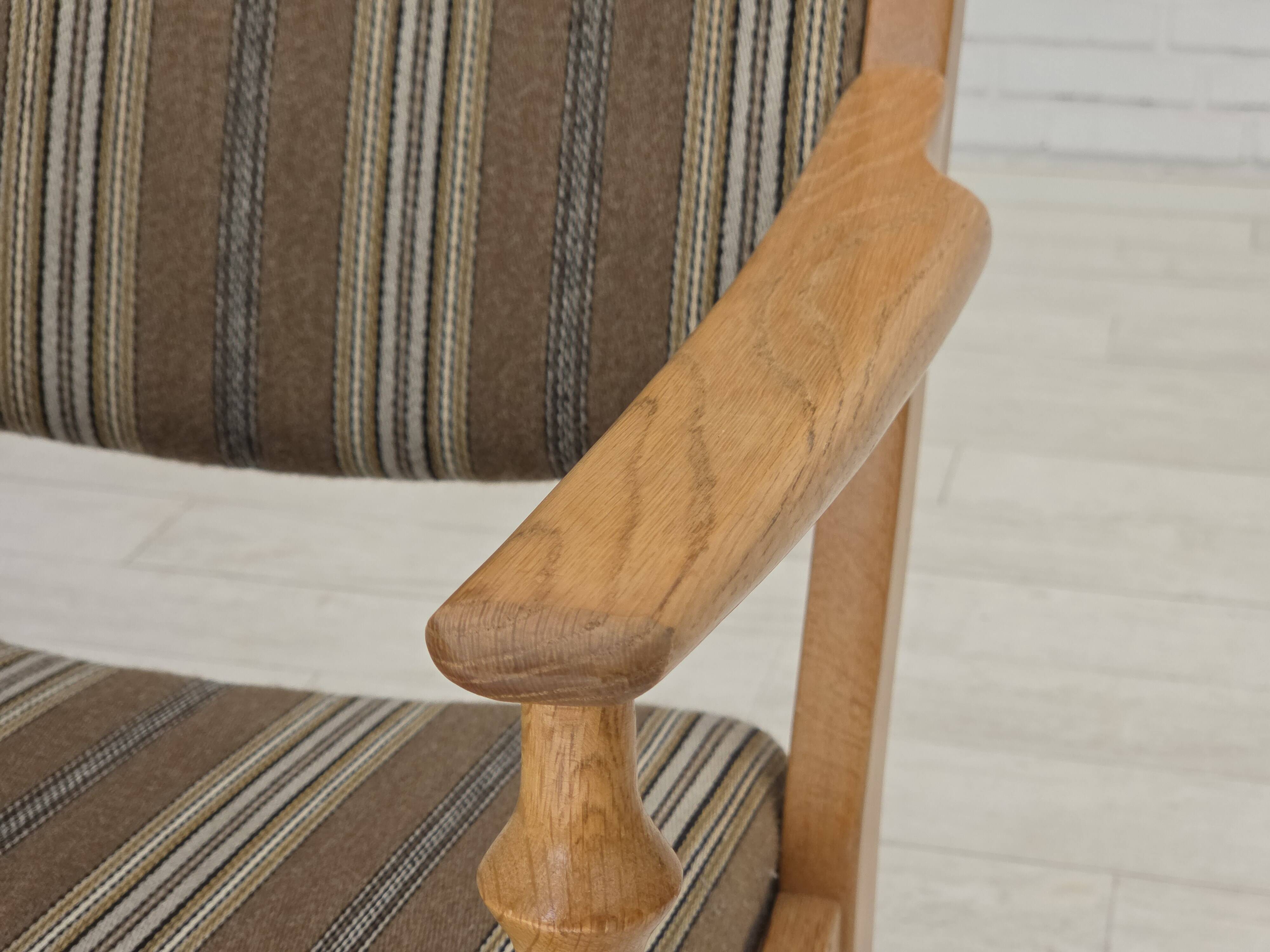 1970s, pair of Scandinavian armchairs, furniture wool, solid oak wood.