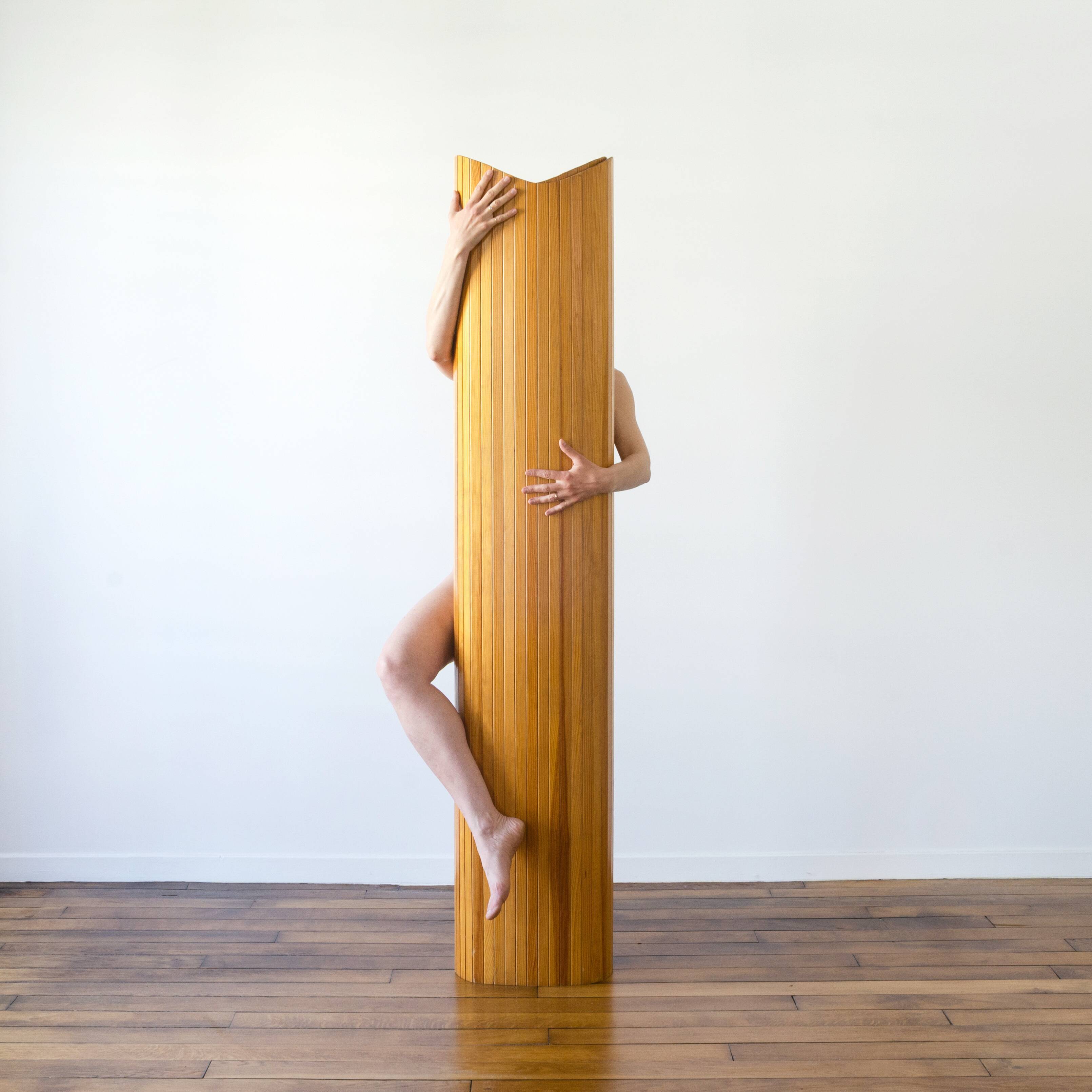 Screen in articulated slats in solid pitchpin wood - France - Circa 1980