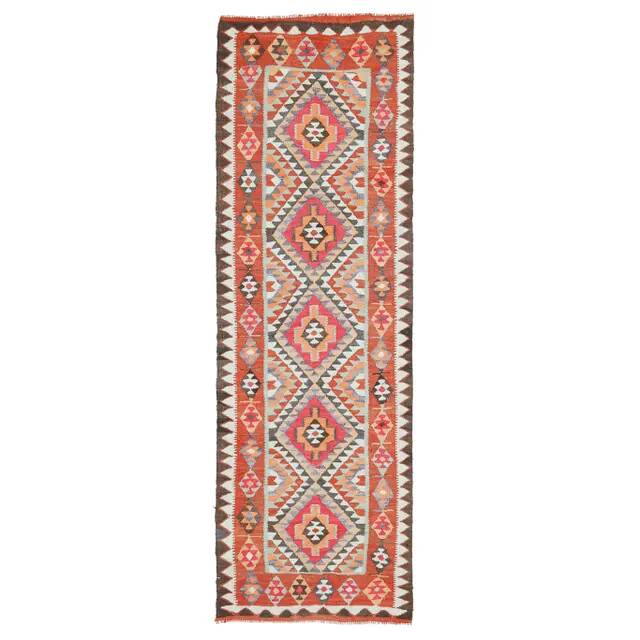 1970s vintage Turkish hand-knotted wool cotton brown runner rug 90x286