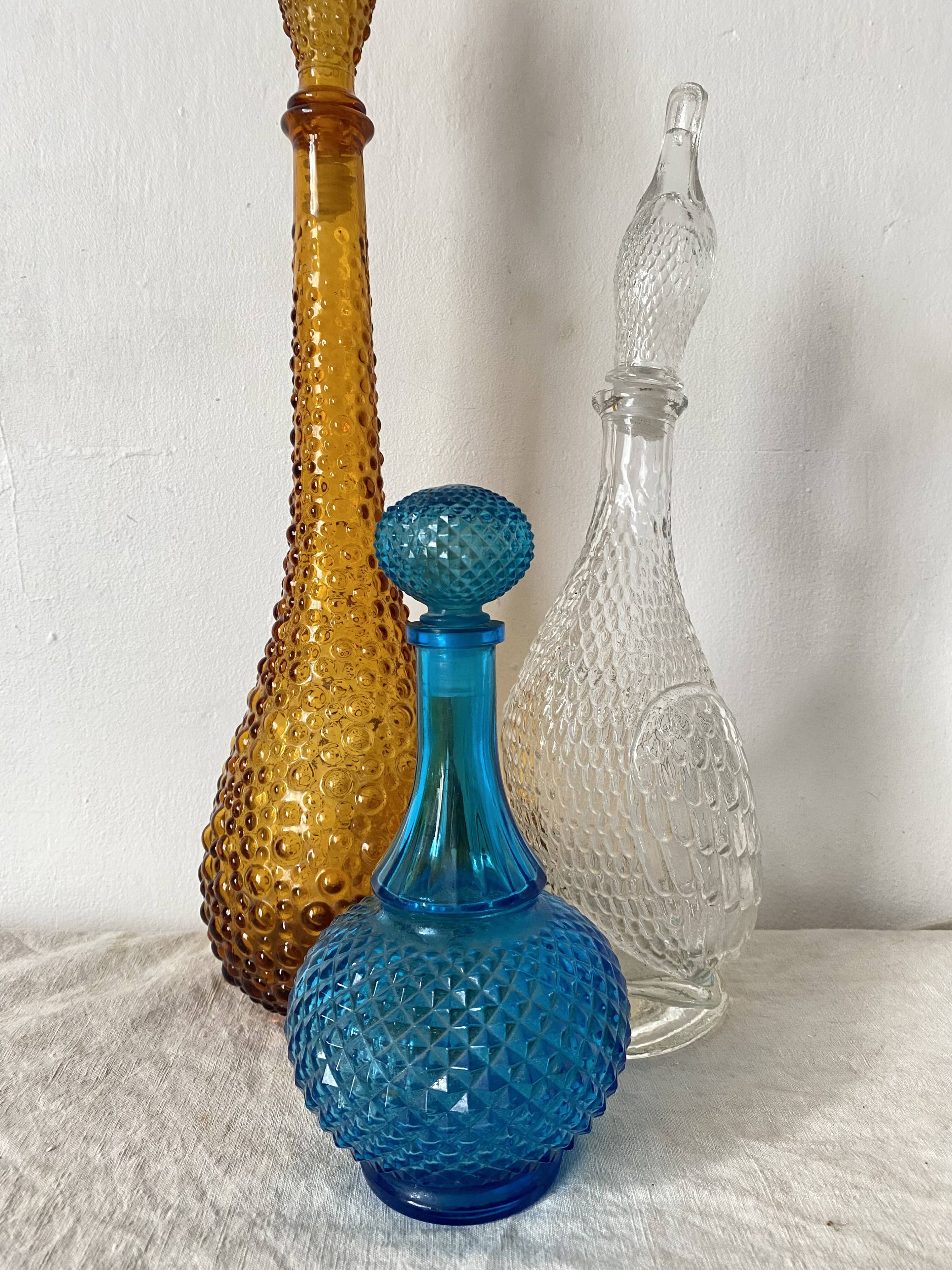 Blue glass carafe made in Belgium from the 60s