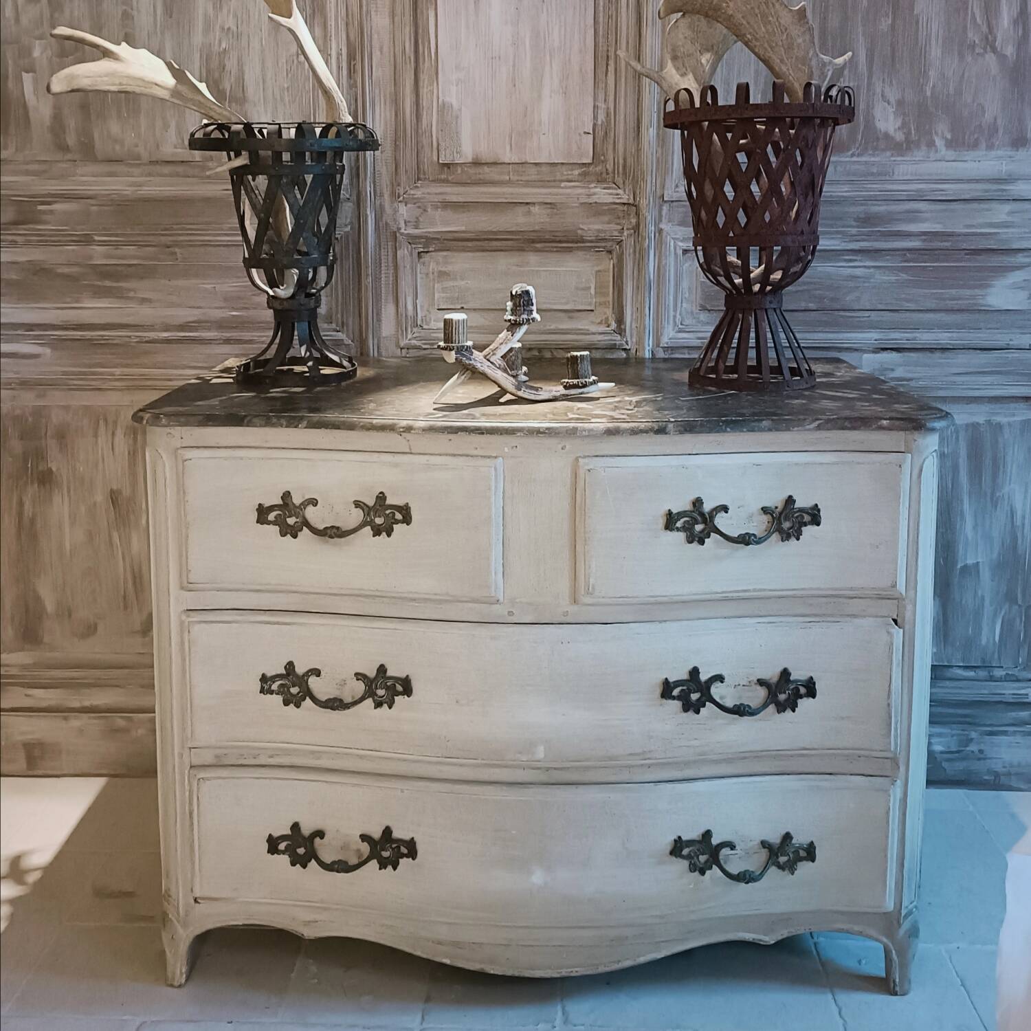 19th century curved chest of drawers with re-engraving