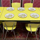 Roger Breton yellow formica set for Tublac, table, 6 chairs, 2 stools, 60s