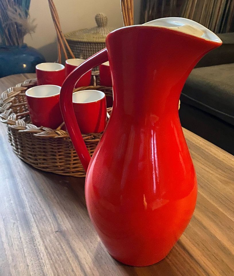 Pitcher service and 8 orangeade glasses 60s ceramic Salins