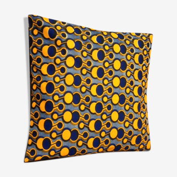 Housse de coussin ethnique en wax africain bleu et jaune