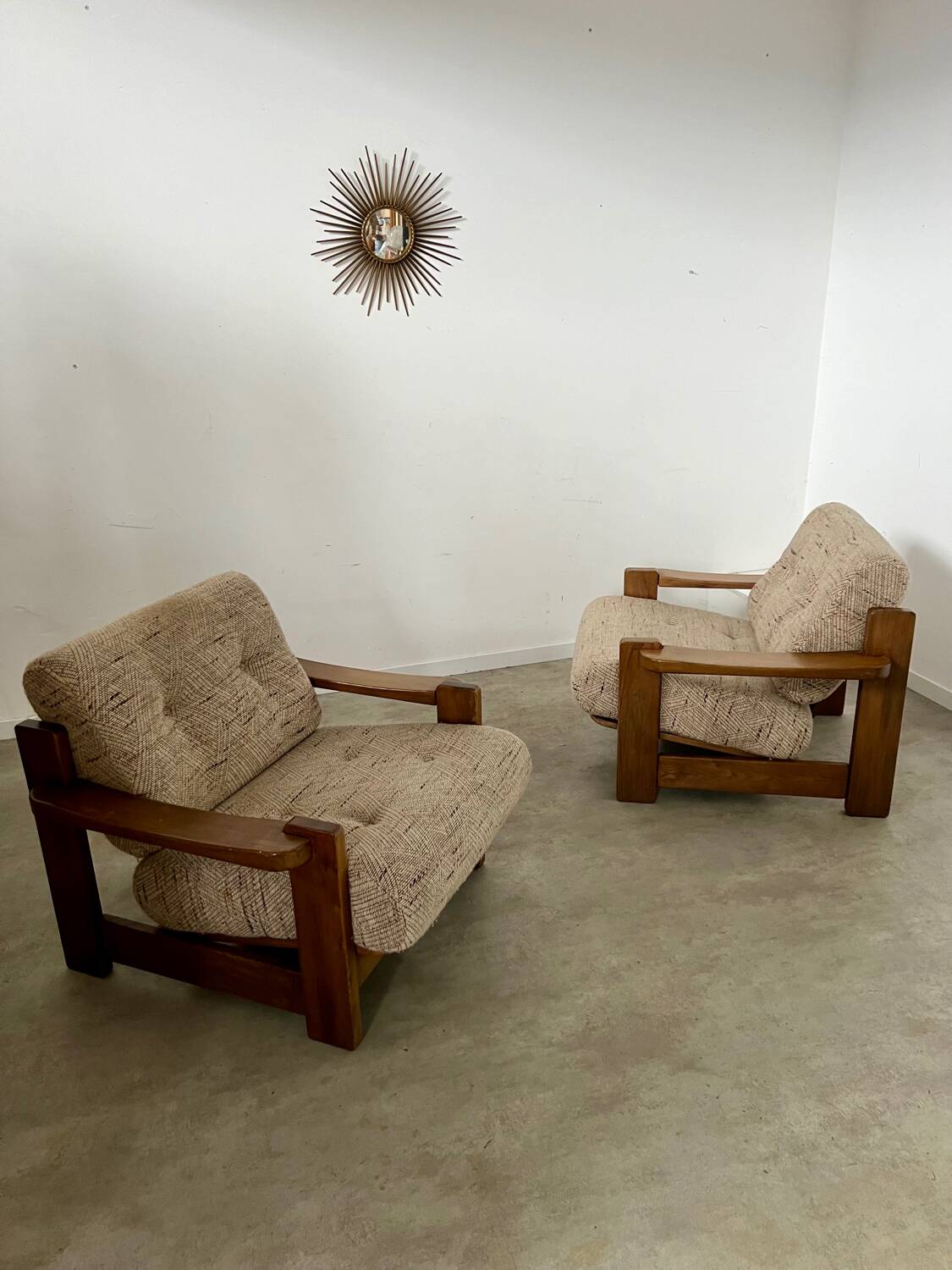 Lot of 2 solid elm armchairs, Maison Regain design, 70s vintage