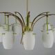 Midcentury 9-Arm Brass Chandelier with  Lacquer & Opaline Glass. Italy 1950