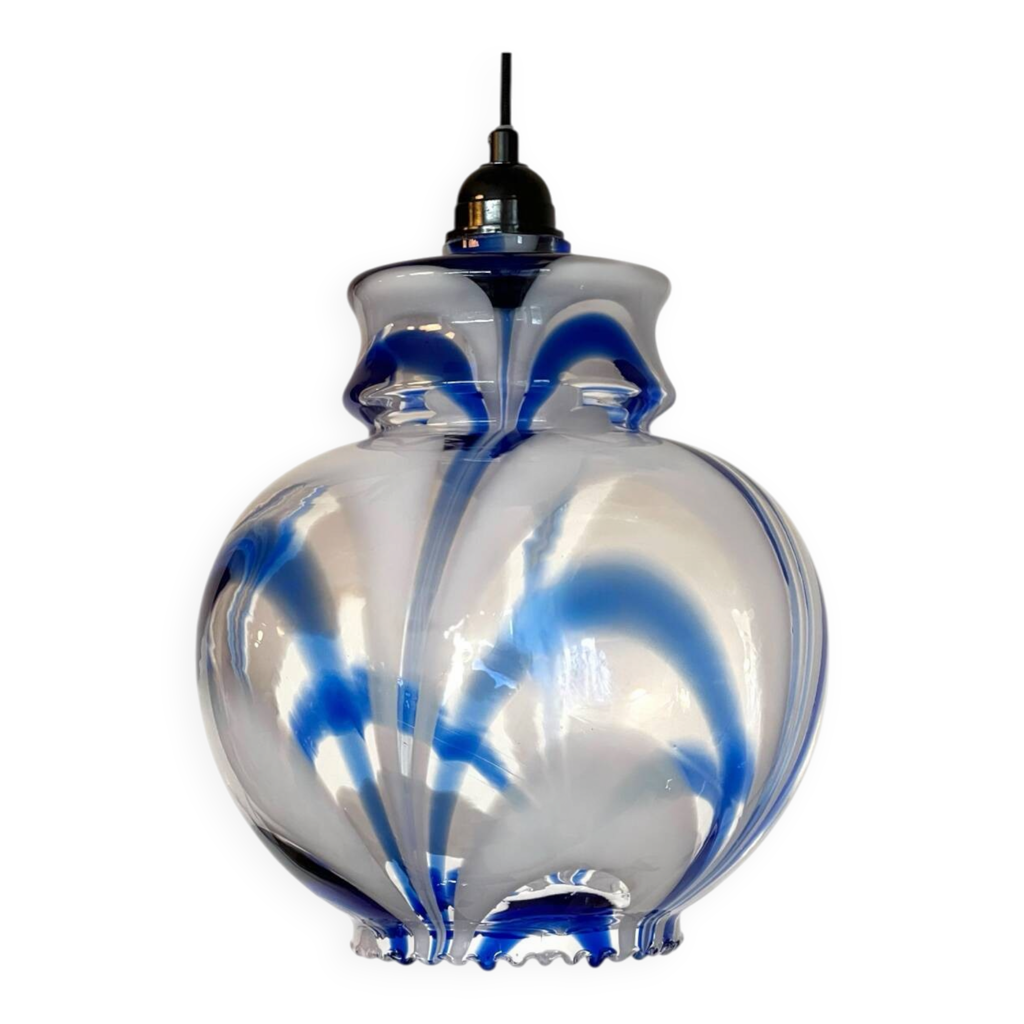 Vintage 1970s Italian Murano suspension in blue ribbed glass.