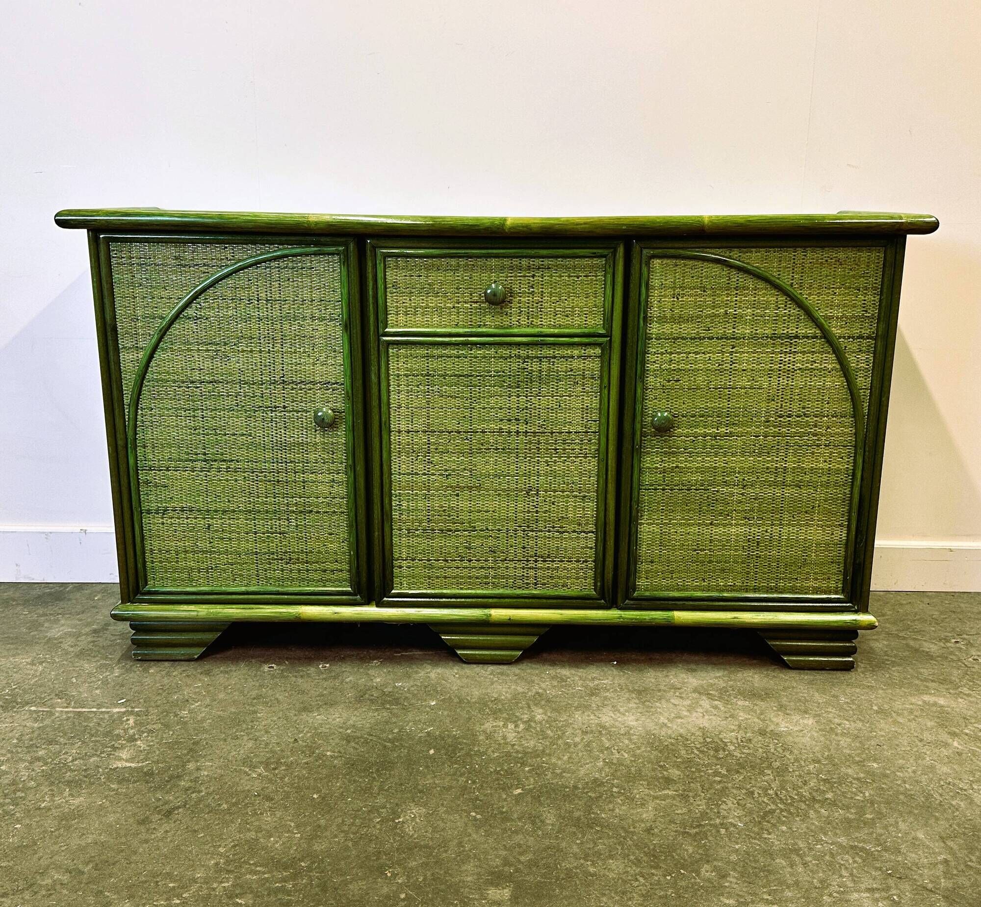 Green Vintage Rattan Sideboard By Maugrion, France, 1980s