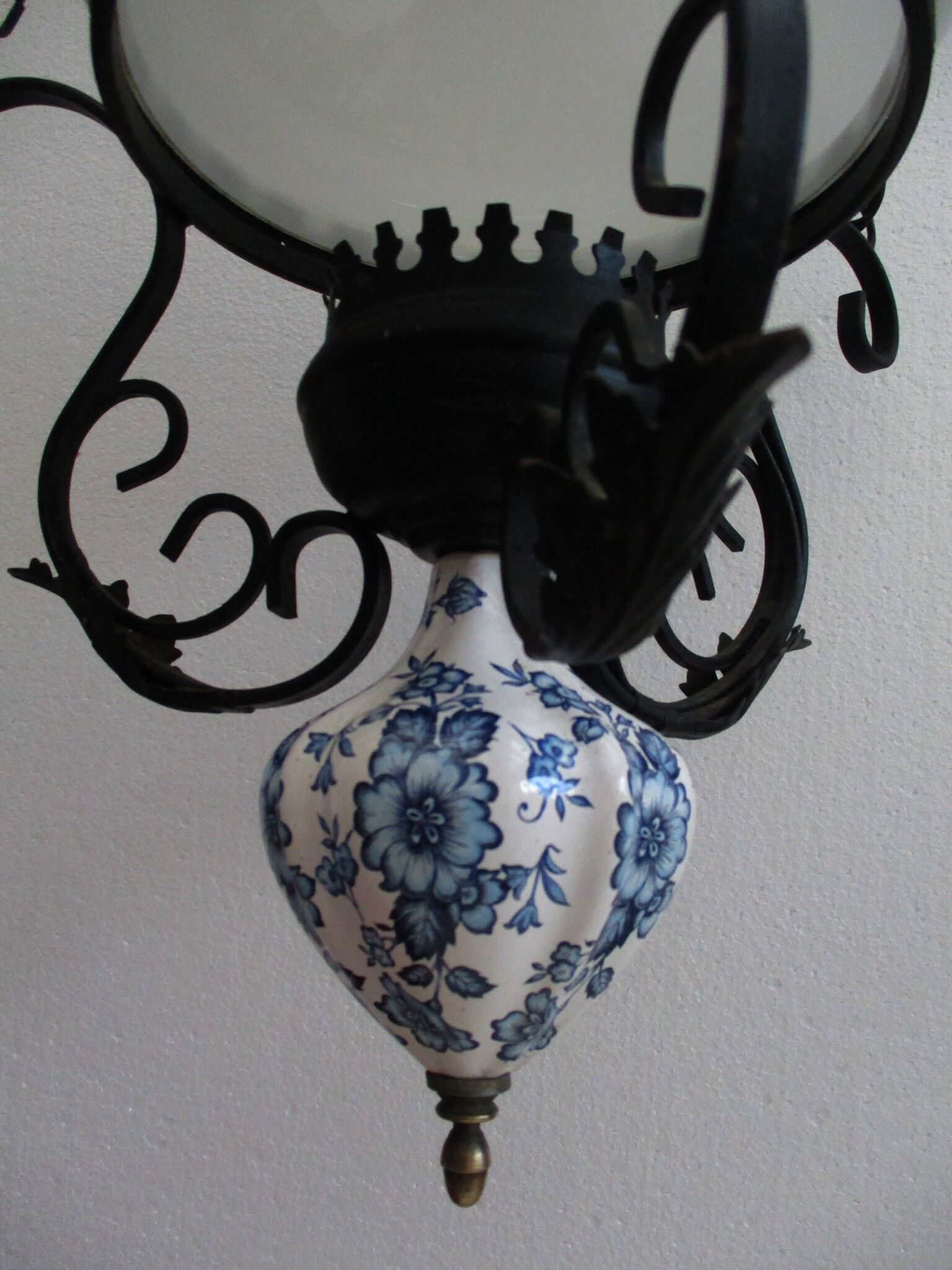 Vintage opaline and ceramic wrought iron chandelier