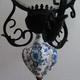 Vintage opaline and ceramic wrought iron chandelier