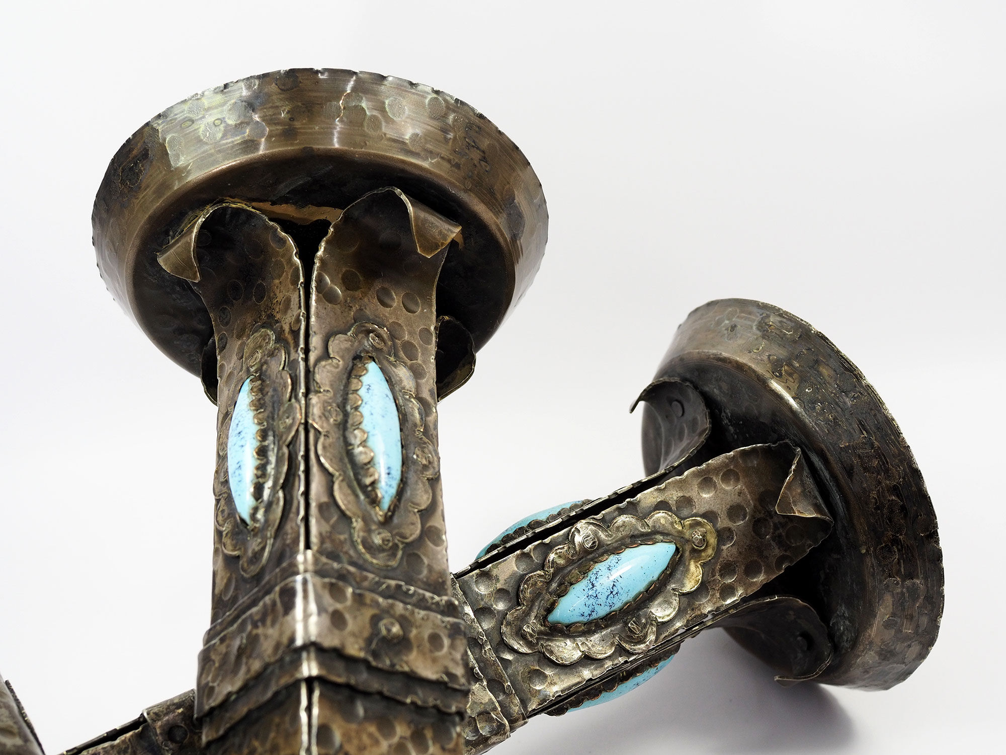 Arts and Crafts Style Forged Metal and Turquoise Glass Candlesticks