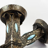 Arts and Crafts Style Forged Metal and Turquoise Glass Candlesticks