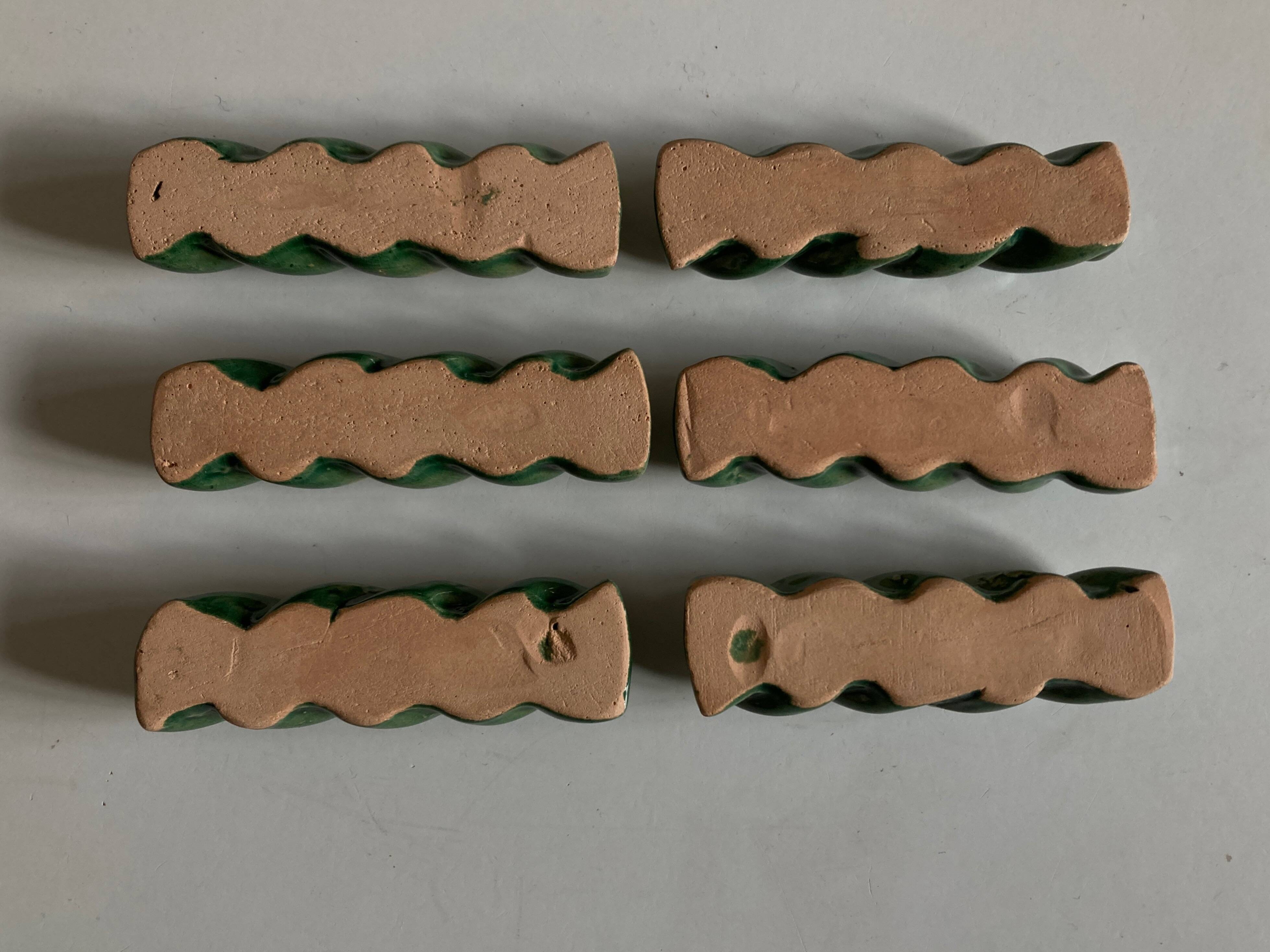 Set of 6 braided knife holders in green glazed earth