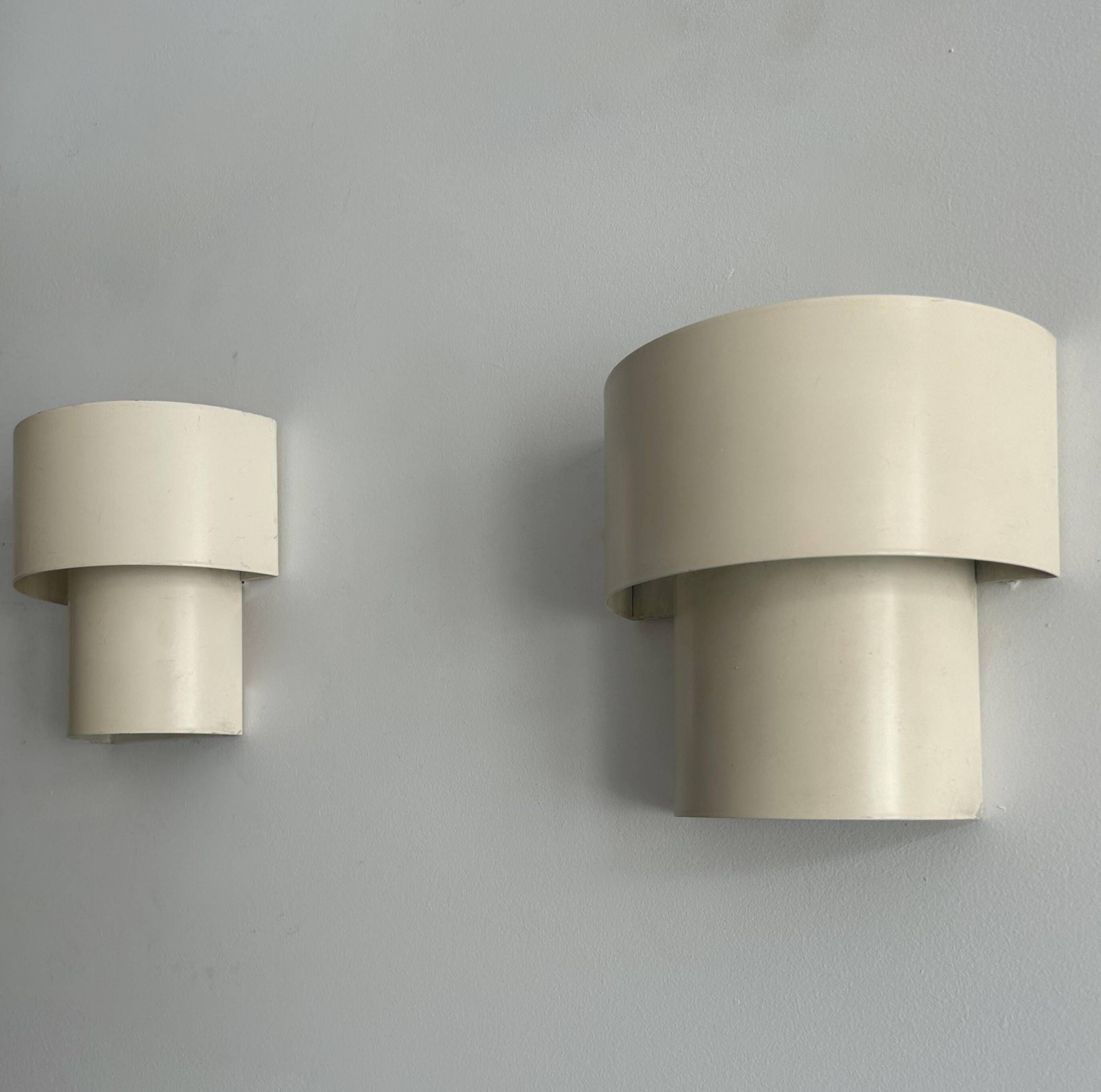 Pair of vintage modernist wall lights, white lacquered metal, Sweden 1970