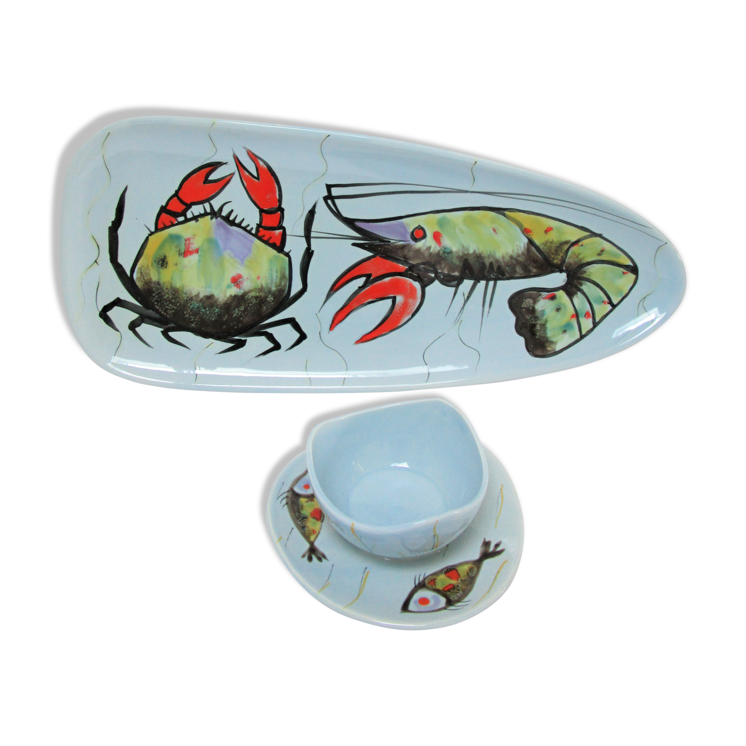 Dish and sausage fish crustaceans earthenware Pornic Bernard Serraz design 60s