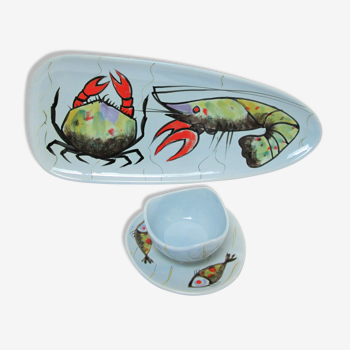 Dish and sausage fish crustaceans earthenware Pornic Bernard Serraz design 60s