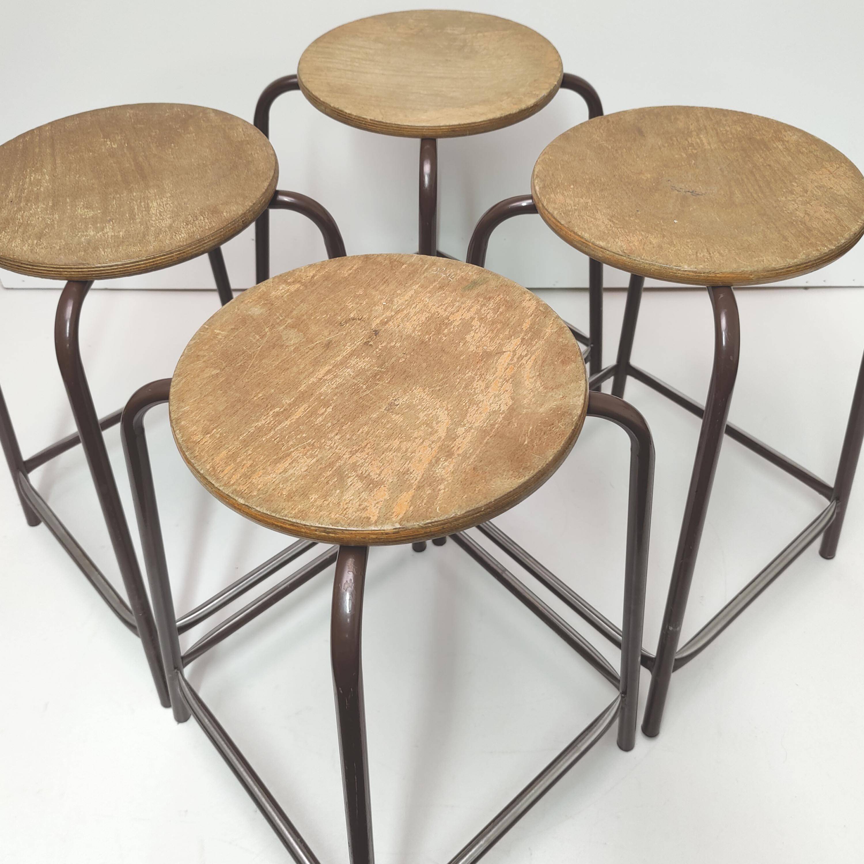 4 vintage metal and wood laboratory stools