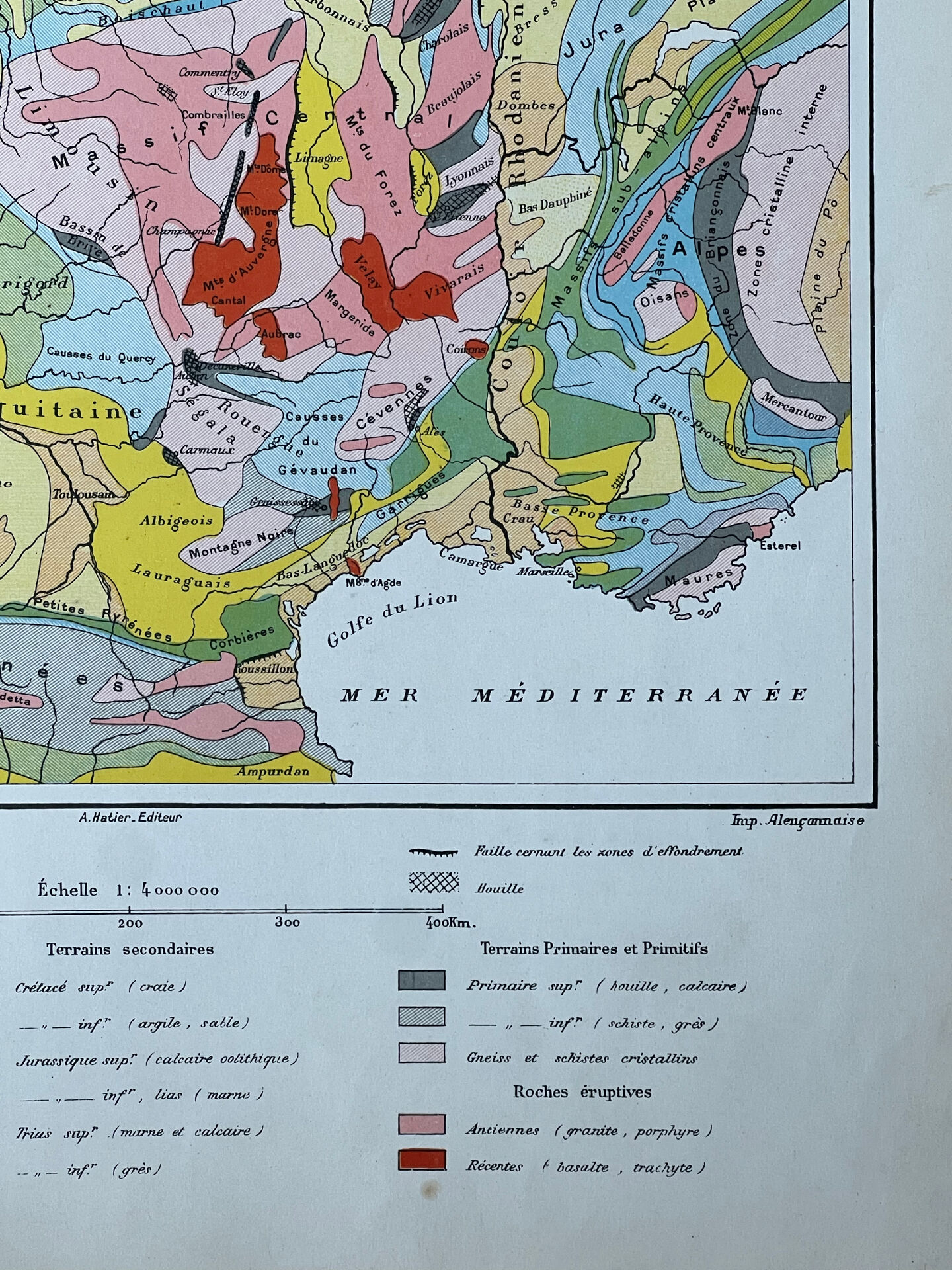 Geological map 1908 France in colour 27x37cm