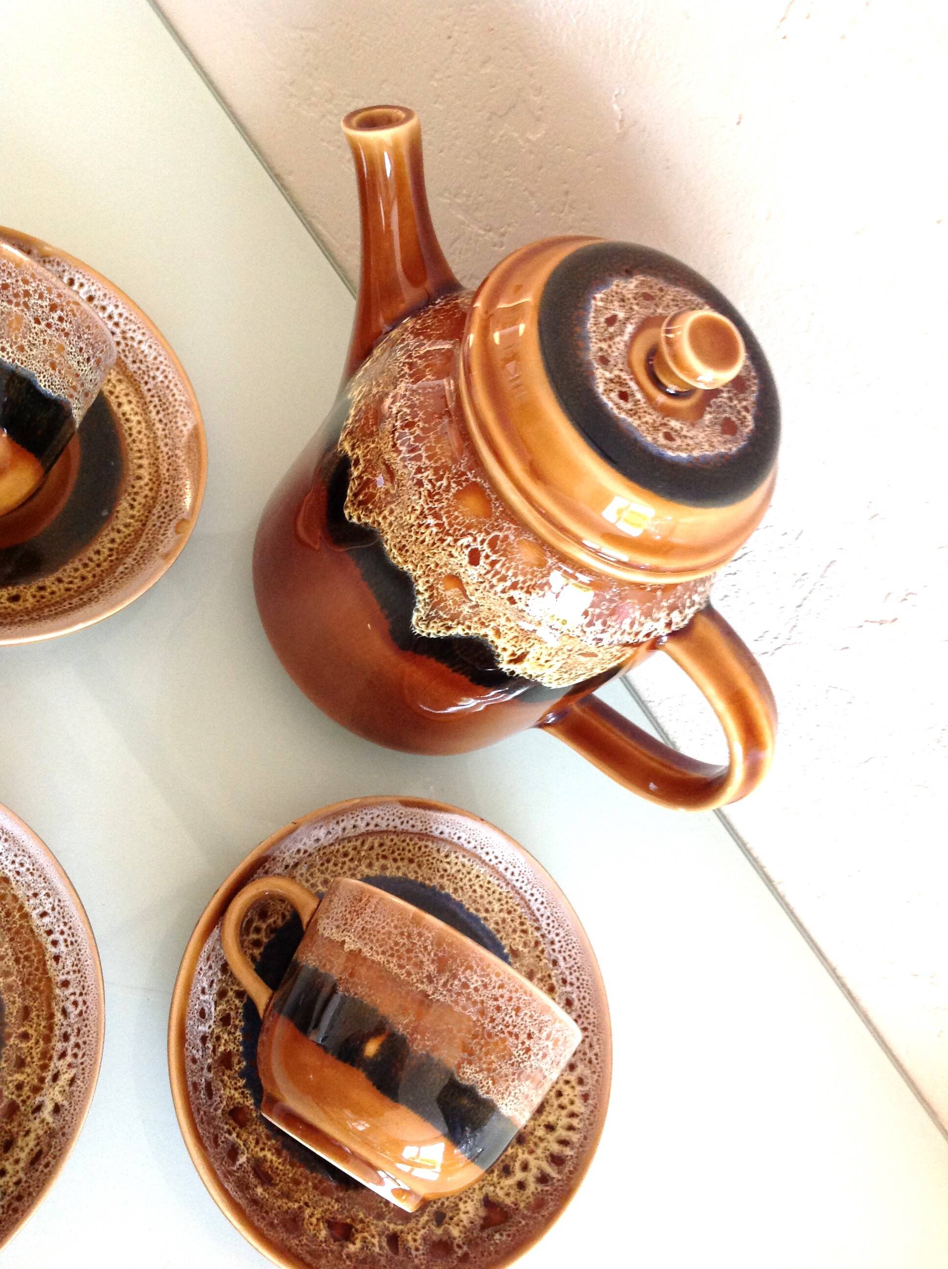 Hawaiian decor coffee service from the Sarreguemines faience factories / vintage 60s-70s