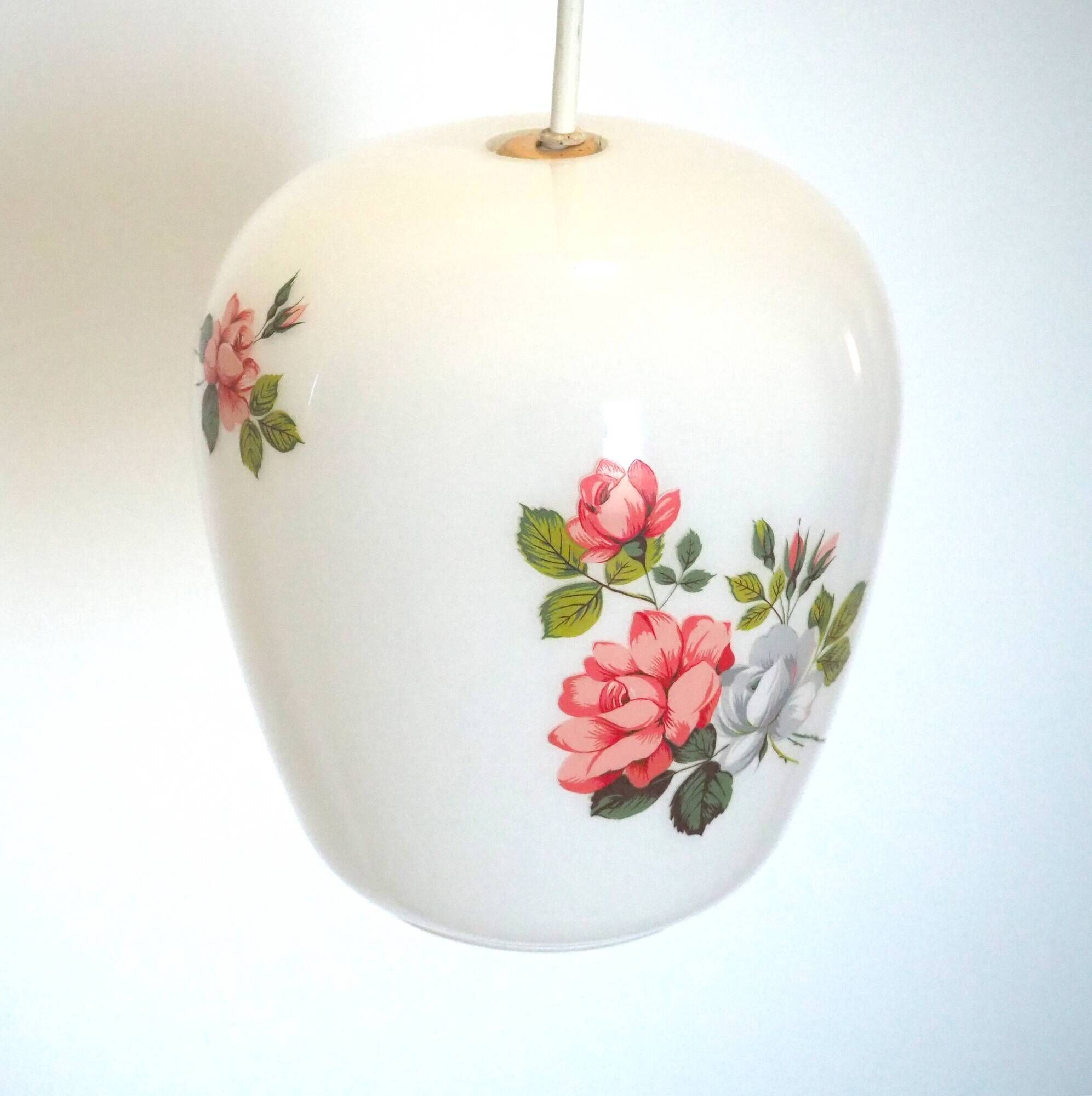 White opaline pendant lamp bouquets of roses from the 1970s.