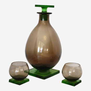 Carafe and 2 glasses in green and brown glass original model