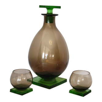 Carafe and 2 glasses in green and brown glass original model