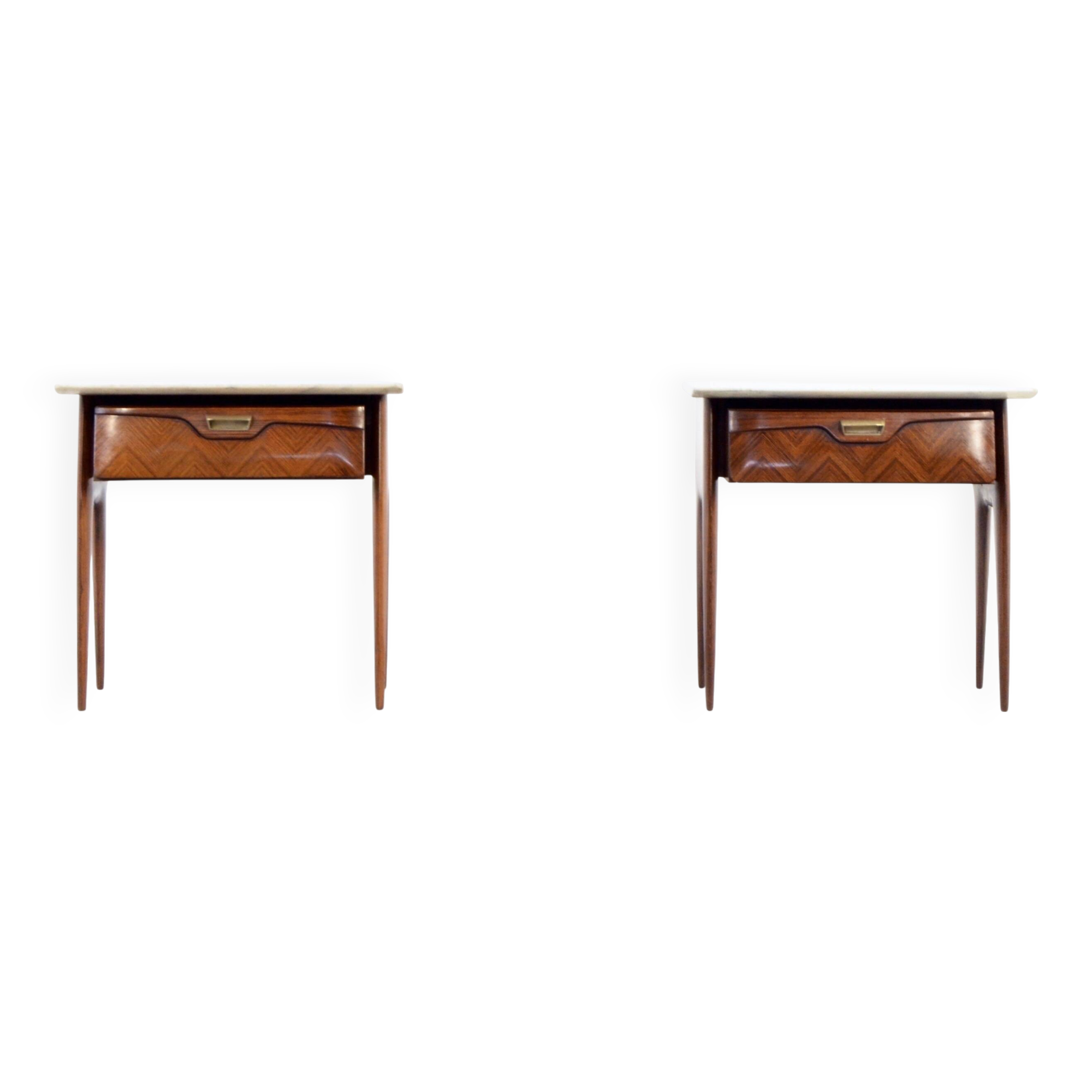 Set of 2 Italian Midcentury Rosewood and carrara bedsides tables