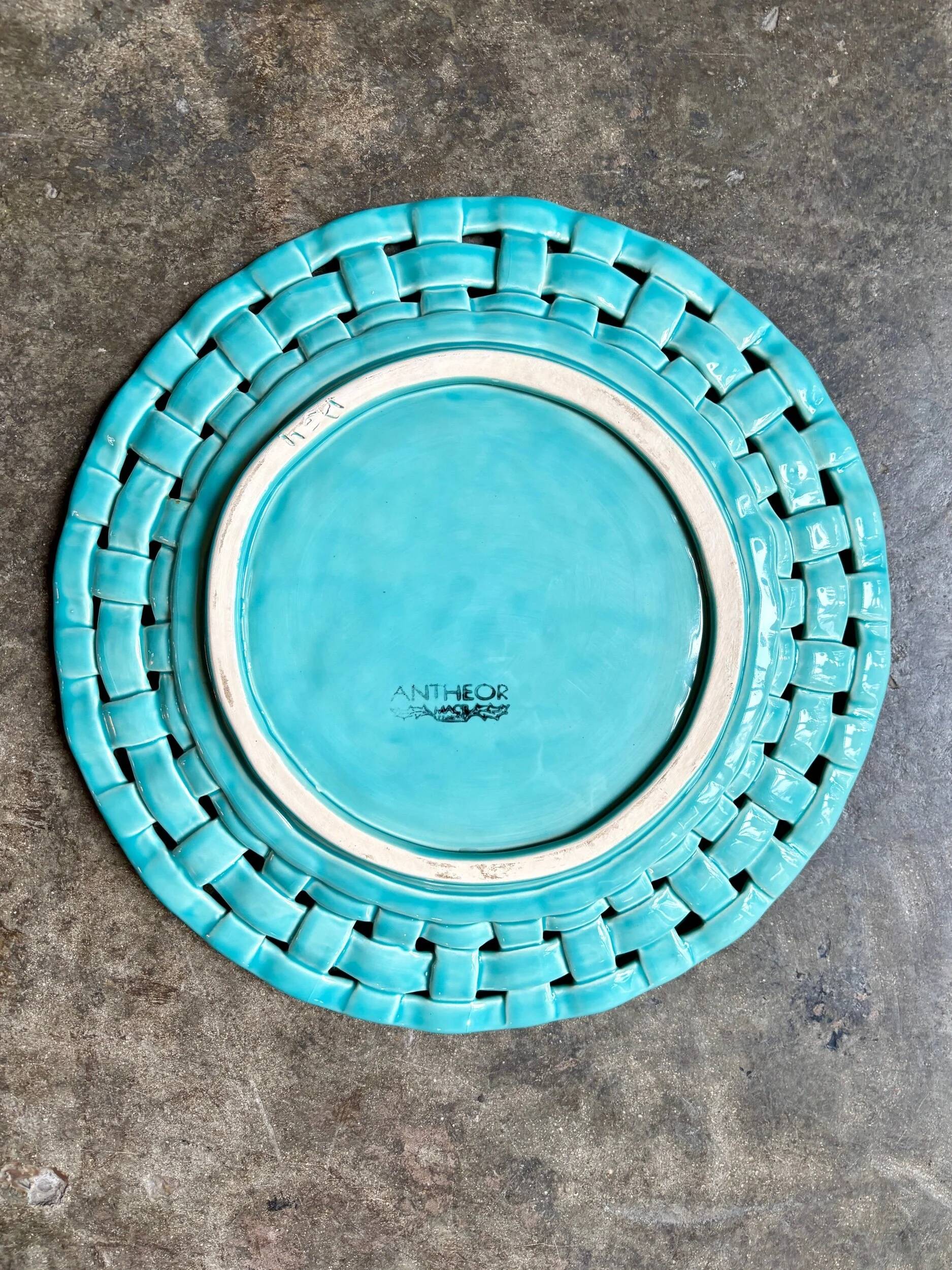Serving plate, turquoise woven ceramic dish
