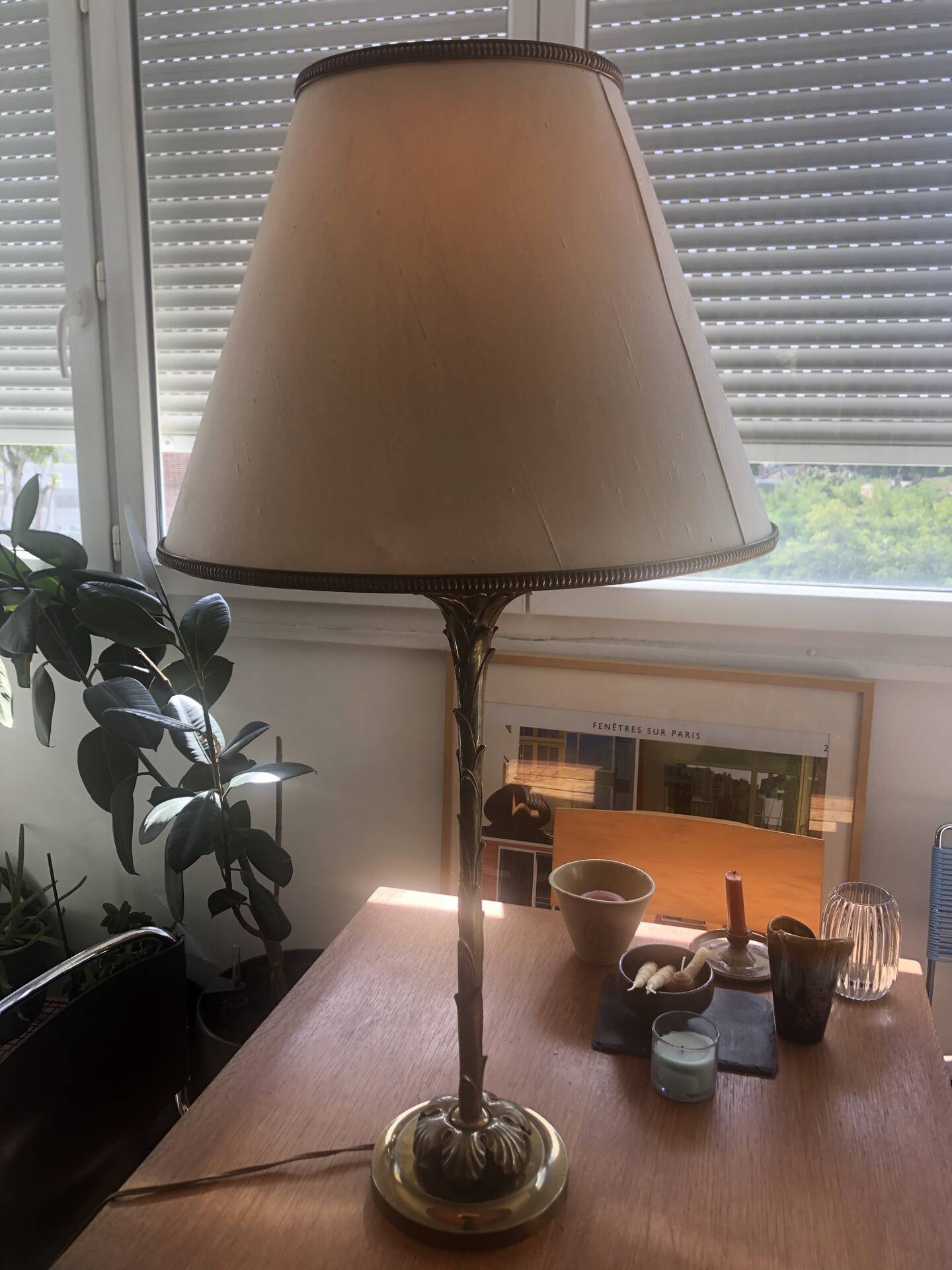 Lampe en bronze décor palmier Maison Bagués années 1970 en TBE