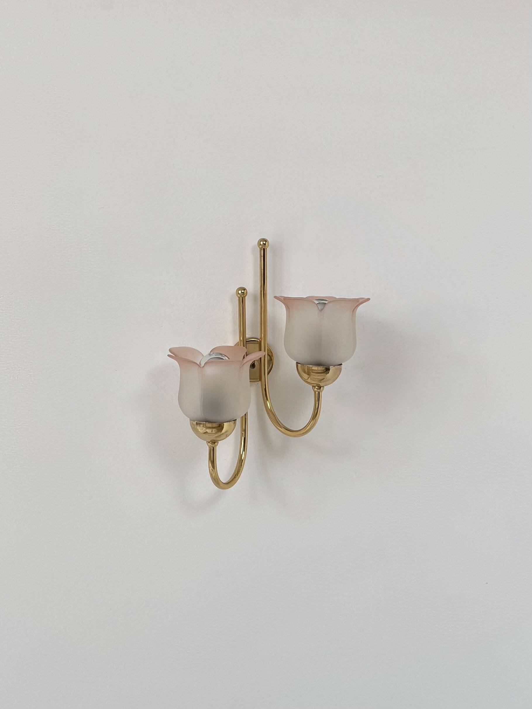 Vintage wall light, brass and frosted pink moulded glass, France, 1980.