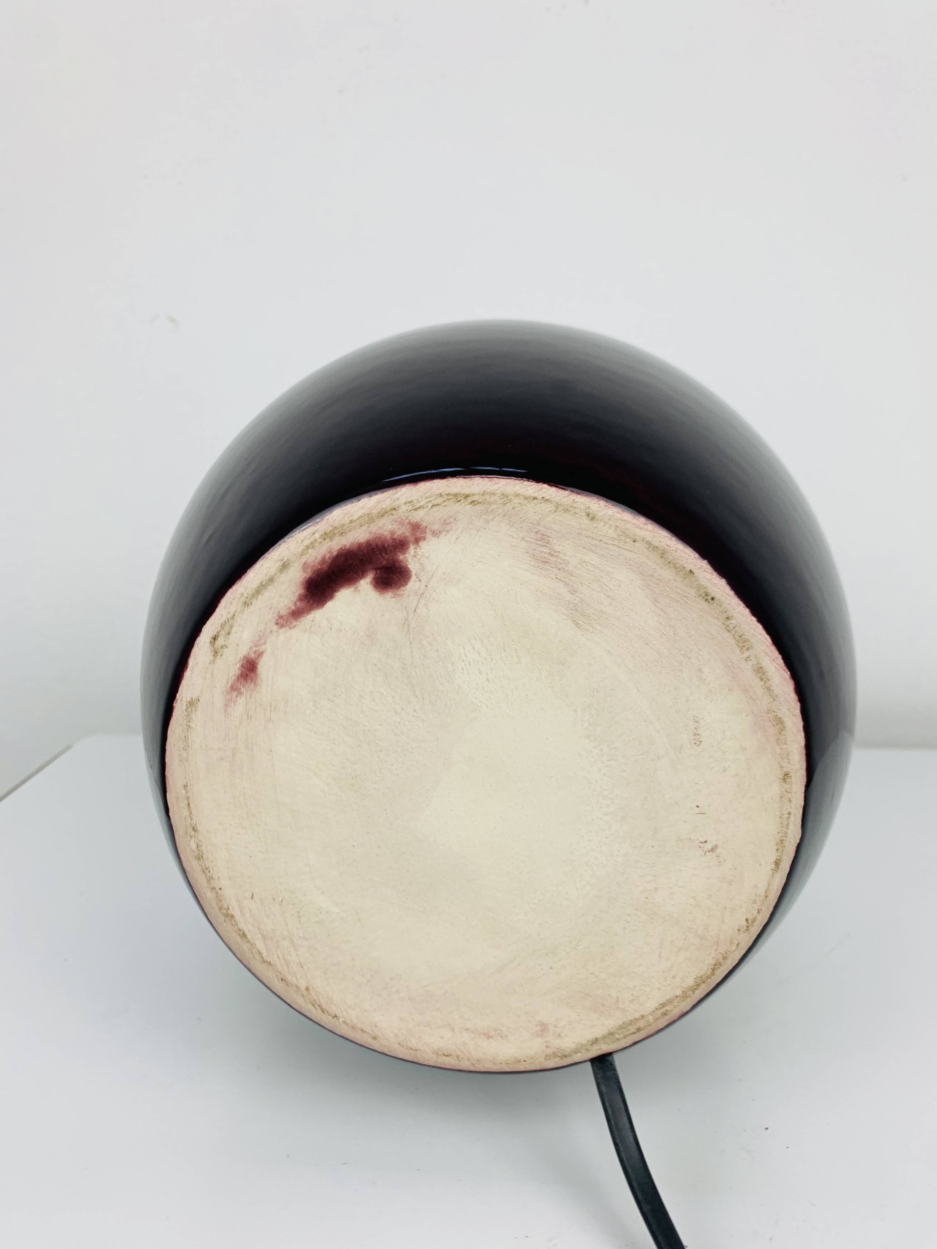 Purple ceramic ball lamp 55 cm from the 60s, silk lampshade