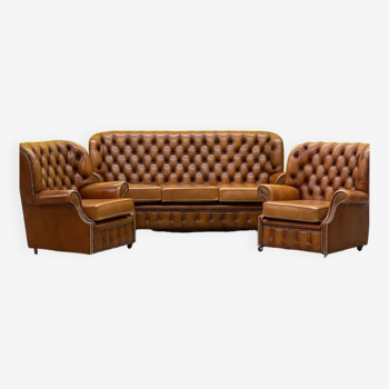 Canapé et fauteuils vintage Chesterfield Brown Leather High Back, Set de 3