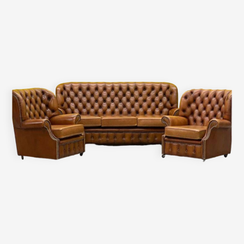 Vintage Chesterfield Brown Leather High Back sofa and Armchairs, Set of 3