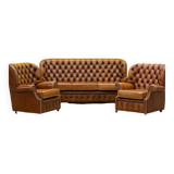 Vintage Chesterfield Brown Leather High Back sofa and Armchairs, Set of 3