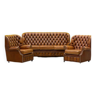 Canapé et fauteuils vintage Chesterfield Brown Leather High Back, Set de 3